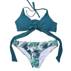 NEW Shekini Push Up Halter Wrap Bikini with Tropical Print Bottoms Women's M